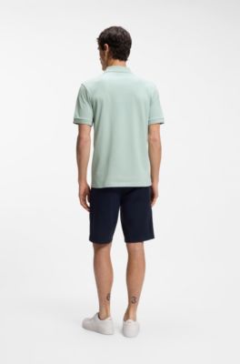 Stretch-cotton slim-fit polo shirt with logo patch, Turquoise
