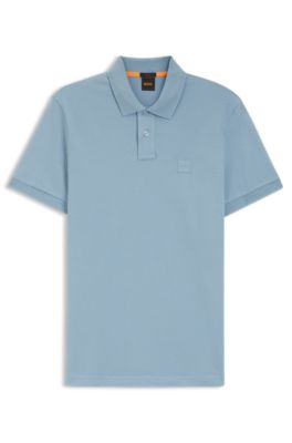 Stretch-cotton slim-fit polo shirt with logo patch, Light Blue