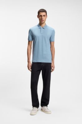 Stretch-cotton slim-fit polo shirt with logo patch, Light Blue