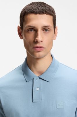 Stretch-cotton slim-fit polo shirt with logo patch, Light Blue