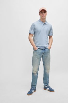 Stretch-cotton slim-fit polo shirt with logo patch, Light Blue