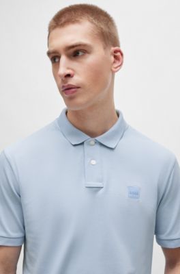 Stretch-cotton slim-fit polo shirt with logo patch, Light Blue