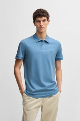 Stretch-cotton slim-fit polo shirt with logo patch, Light Blue