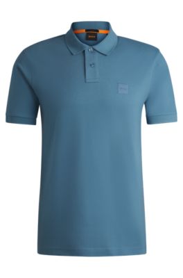 Stretch-cotton slim-fit polo shirt with logo patch, Light Blue