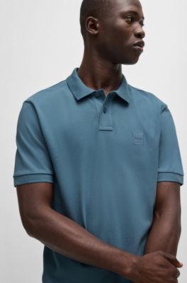 Stretch-cotton slim-fit polo shirt with logo patch, Light Blue