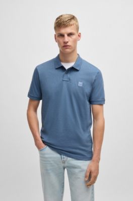 Stretch-cotton slim-fit polo shirt with logo patch, Light Blue