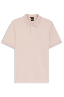 Polo Slim en coton stretch &agrave; patch logo, Rose clair