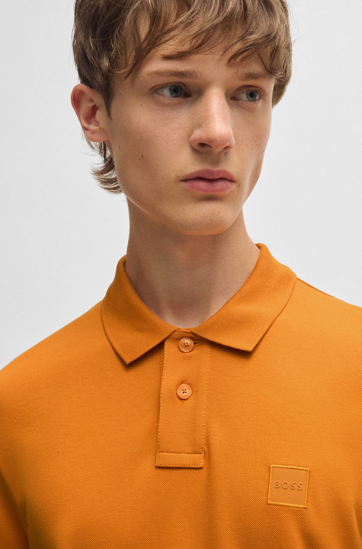 BOSS - Extra-slim-fit stretch-cotton shirt with logo tape BOSS - Extra-slim-fit stretch-cotton shirt with logo tape