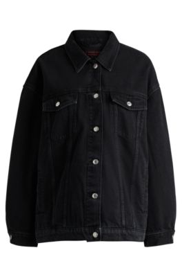 Hugo Oversize-fit Jacket In Black Denim With Fringing In Dark Grey