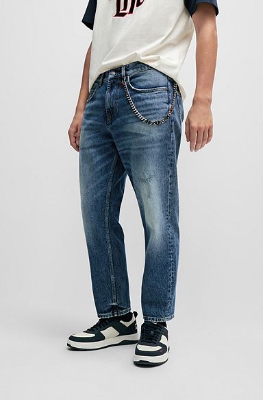 Loose-fit jeans in vintage-washed comfort-stretch denim, Turquoise