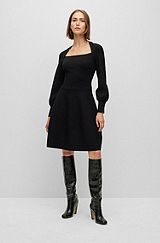Long-sleeved knitted dress with square neckline, Black