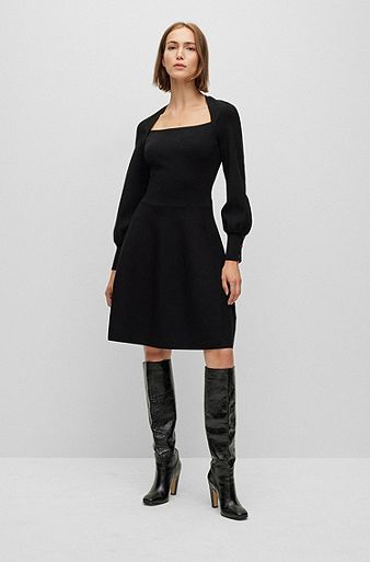Long-sleeved knitted dress with square neckline, Black