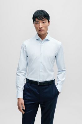 Slim-fit shirt in easy-iron structured stretch cotton, Light Blue