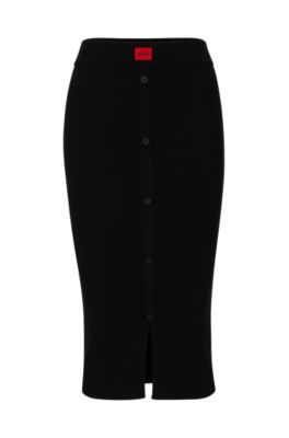 Hugo Ribbed-knit Midi Skirt With Button Front In Black