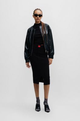 Ribbed-knit midi skirt with button front, Black