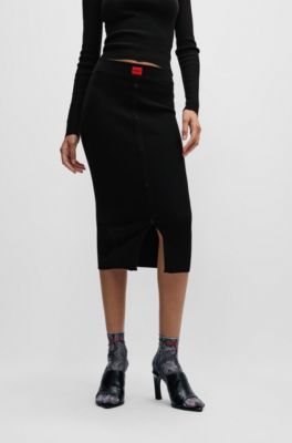 Ribbed-knit midi skirt with button front, Black