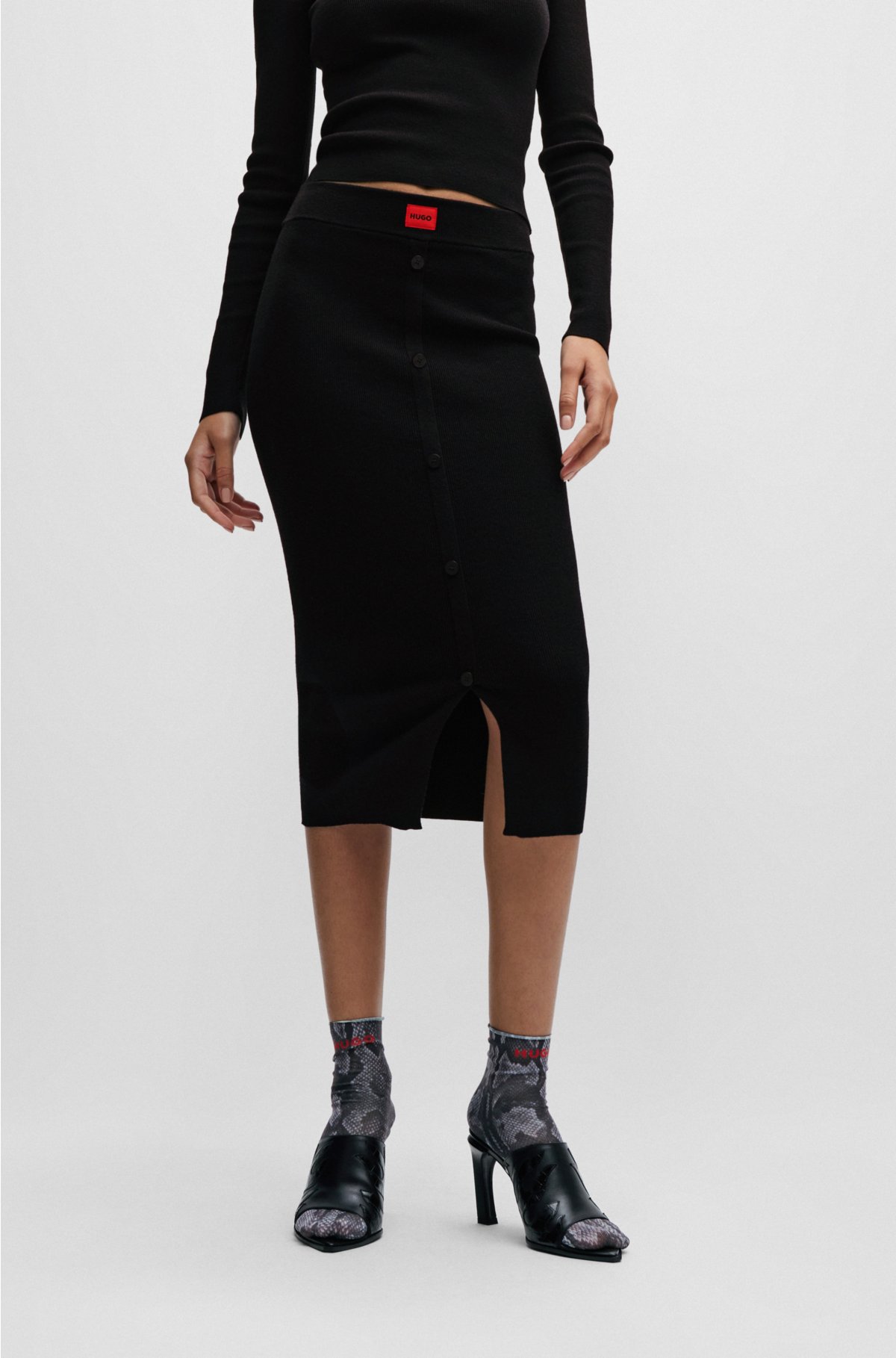 HUGO - Ribbed-knit midi skirt with button front