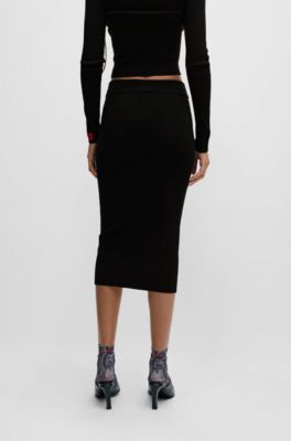 Ribbed-knit midi skirt with button front, Black