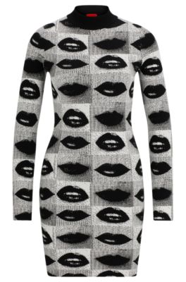 Robe tube &agrave; col montant et motif l&egrave;vres jacquard, Fantaisie