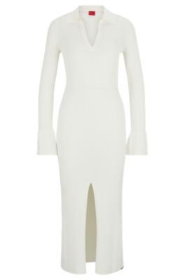 Shop Hugo Front-slit Polo Dress In Ribbed Crepe In White