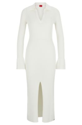 Hugo Boss Front-slit Polo Dress In Ribbed Crepe In White