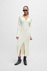 Front-slit polo dress in ribbed crepe, White