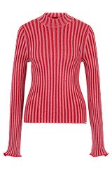 Mock-neck sweater in ribbed cotton with frilled seams, light pink