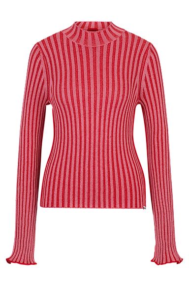 Mock-neck sweater in ribbed cotton with frilled seams, light pink