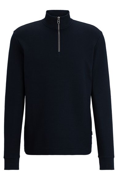 Long-sleeved slim-fit cotton T-shirt with zip neck, Dark Blue