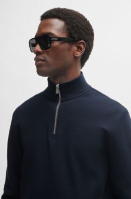 Camiseta slim fit de manga larga en algod&oacute;n con cuello con cremallera, Azul oscuro