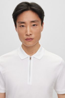 Polo slim fit de algod&oacute;n con estructura y tapeta de cremallera, Blanco