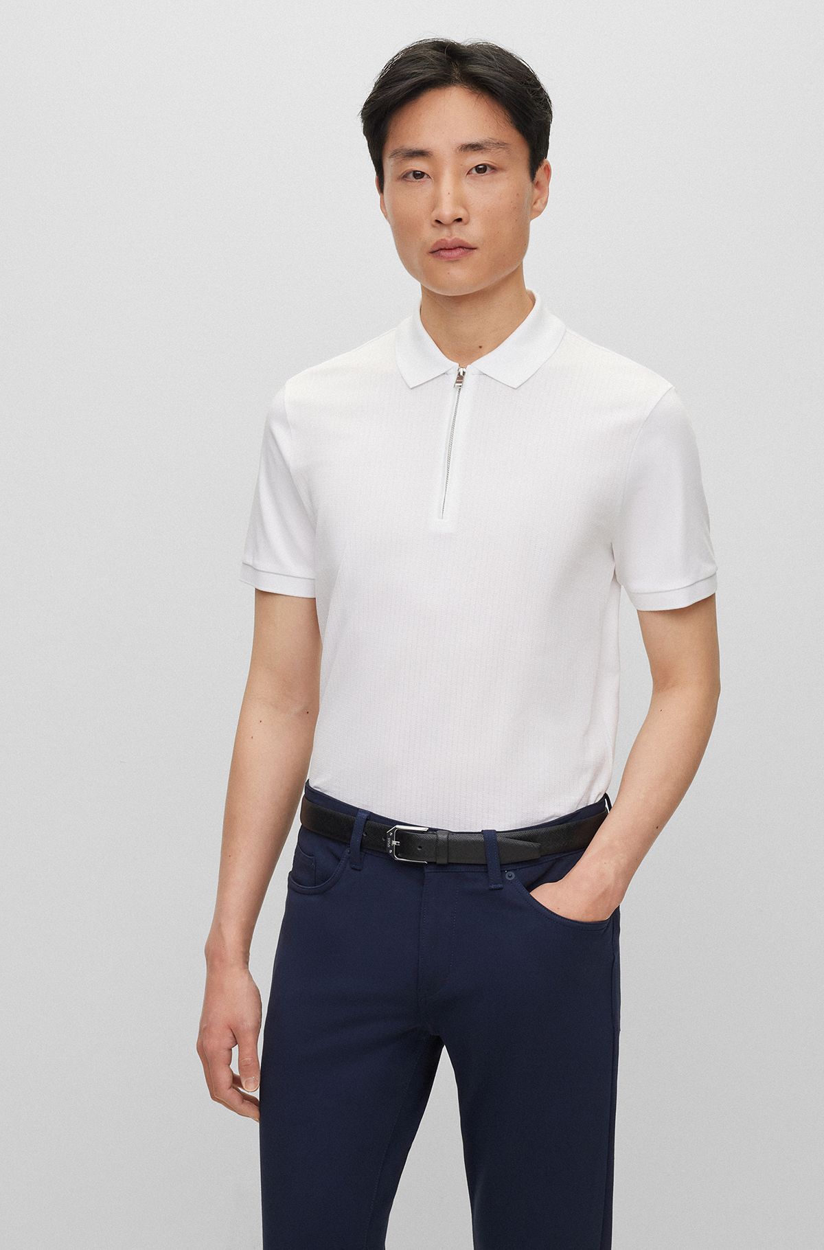 Polo Slim Fit en coton structuré avec patte zippée, Blanc