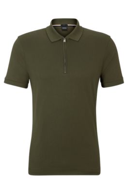 Hugo Boss Structured-cotton Slim-fit Polo Shirt With Zip Placket In Dark Green