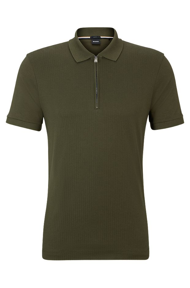 Structured-cotton slim-fit polo shirt with zip placket, Dark Green