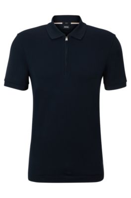 Shop Hugo Boss Structured-cotton Slim-fit Polo Shirt With Zip Placket In Dark Blue