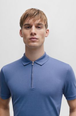 Polo slim fit de algod&oacute;n con estructura y tapeta de cremallera, Celeste