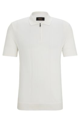 Shop Hugo Boss Zip-neck Polo Shirt In Cotton And Silk In White