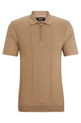 Hugo Boss Zip-neck Polo Shirt In Cotton And Silk In Beige