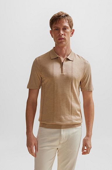 Zip-neck polo shirt in cotton and silk, Beige