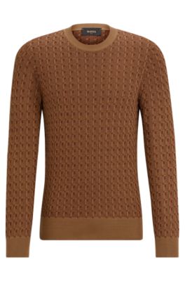 Hugo Boss Regular-fit Sweater In Silk With Geometric Structure In Beige