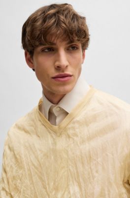 Jersey con cuello en pico de punto fino con fibras metalizadas, Beige claro