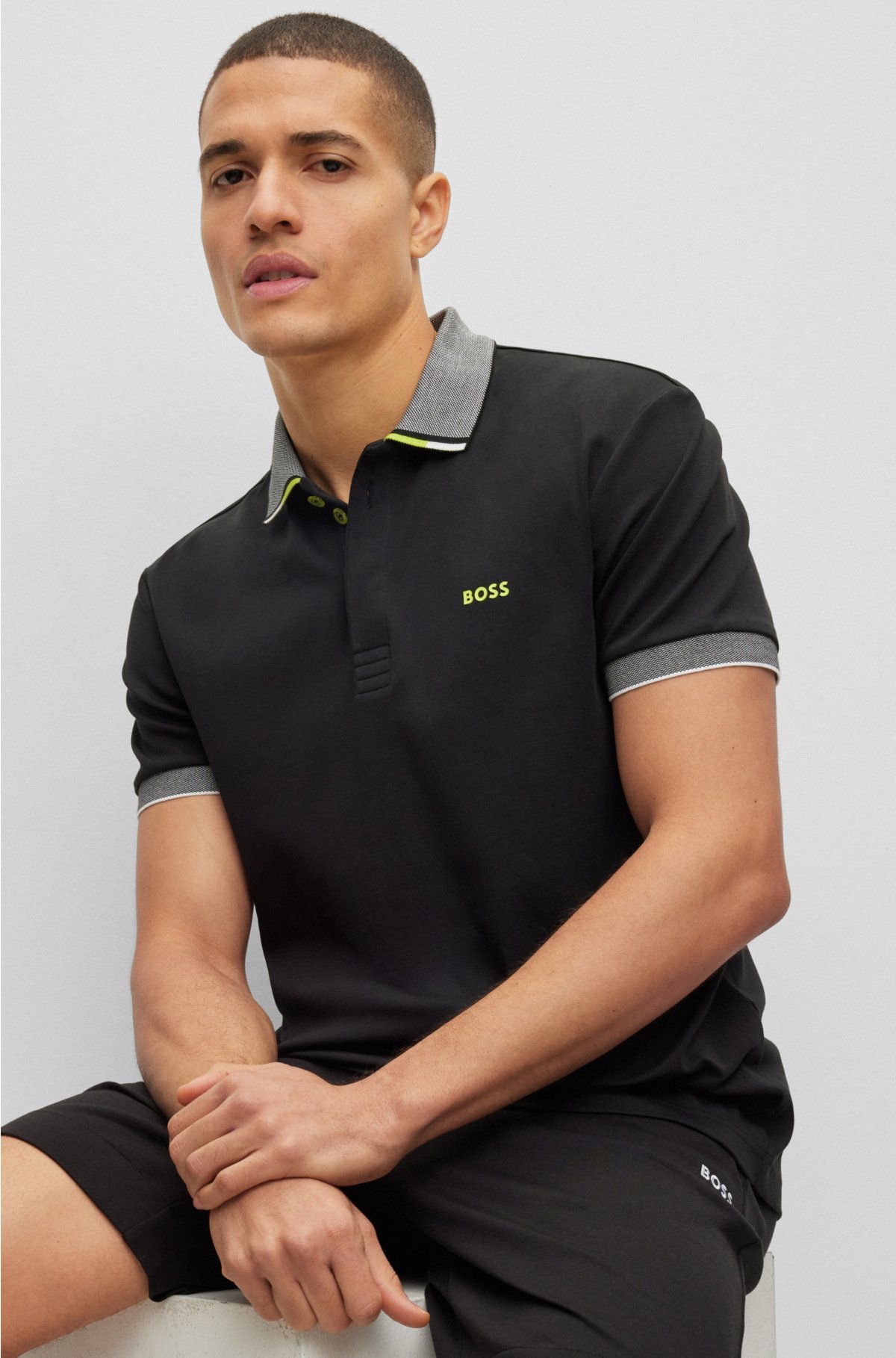 Interlock-cotton polo shirt with structured collar and logo, Black