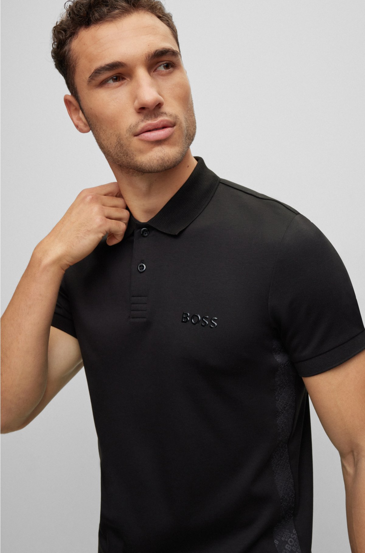 Interlock-cotton slim-fit polo shirt with logo tape, Black