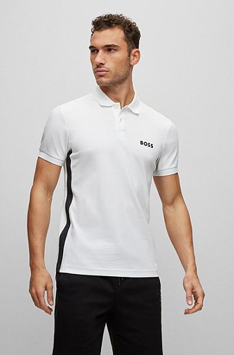 Polo Slim Fit en coton interlock avec bande logo, Blanc