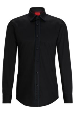 Shop Hugo Slim-fit Shirt In Stretch-cotton Satin With Piping In Black