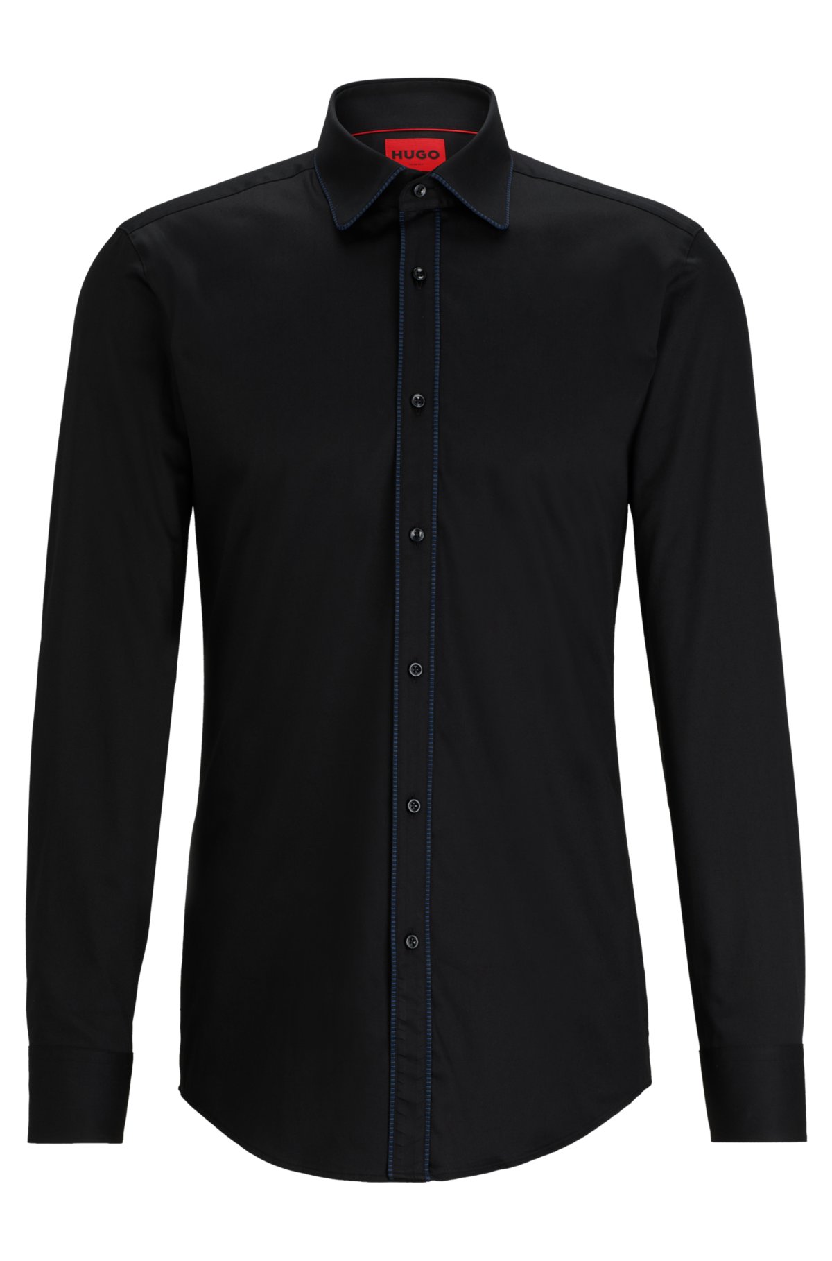 HUGO - Slim-fit shirt in stretch-cotton satin with piping