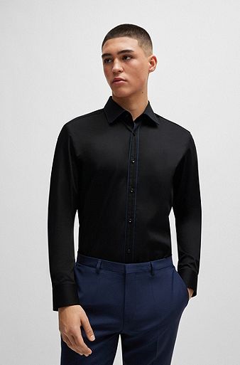 Slim-fit shirt in stretch-cotton satin with piping, Black