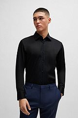 Slim-fit shirt in stretch-cotton satin with piping, Black