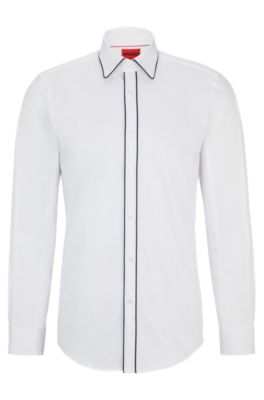 Hugo Boss Slim-fit Shirt In Stretch-cotton Satin With Piping In White