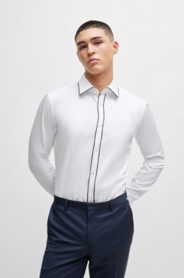 Slim-fit shirt in stretch-cotton satin with piping